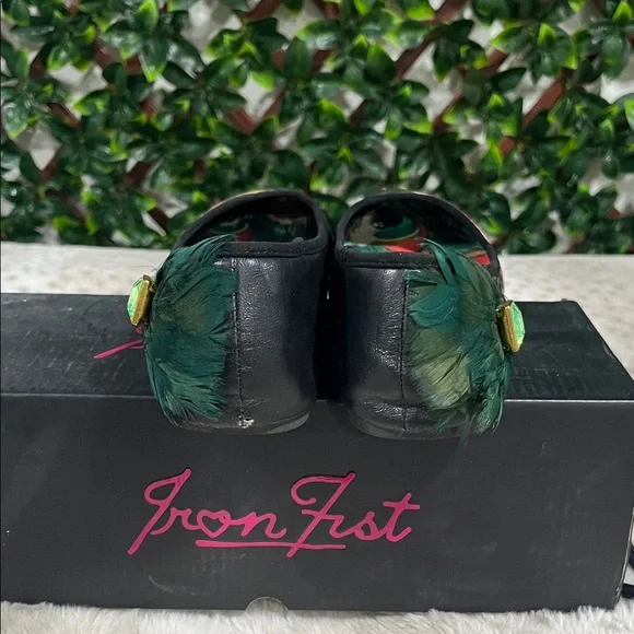 Iron Fist Black Multi Floral Skull Ballet Flats with Green Feather Accent - Picture 4 of 9